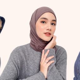 Kumpulan warna berhijab mengenakan baju warna abu-abu dan padanan jilbab warna biru navy, mauve dan abu-abu tua.