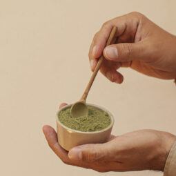 detalle de manos sosteniendo cuenco pequeño con polvo de té verde, shampoo de té verde