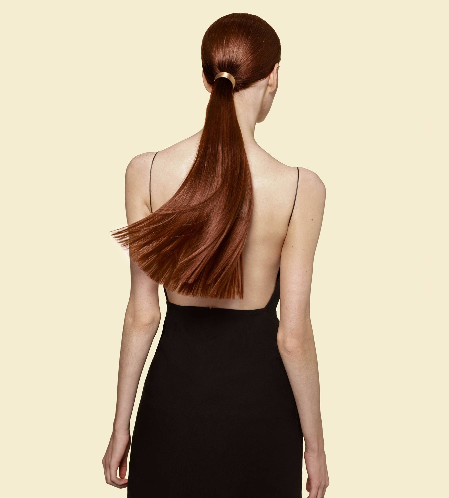 mujer de espaldas de pelo color cobrizo largo lacio con cola de caballo baja