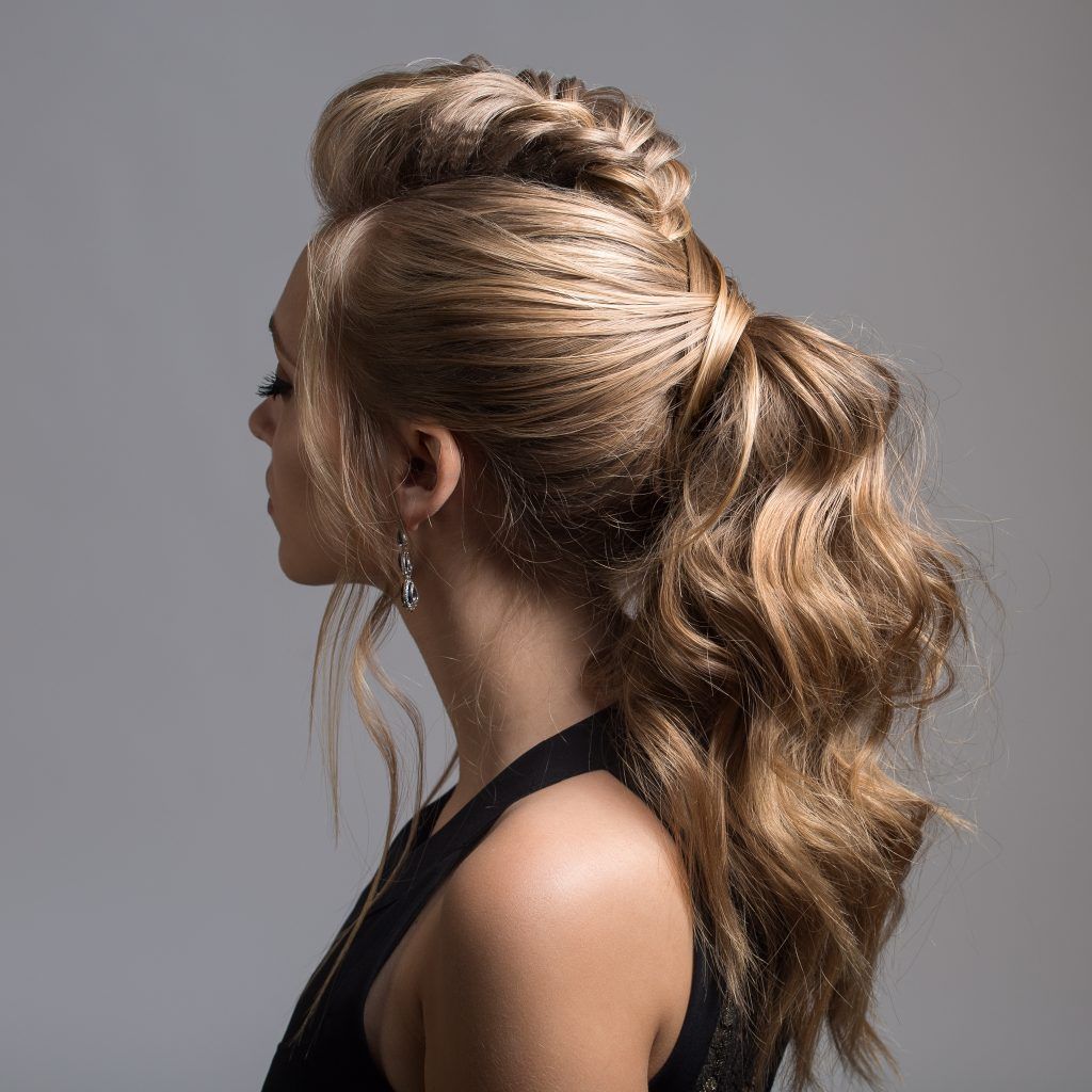 Blonde wavy hair with front pouf braided ponytail