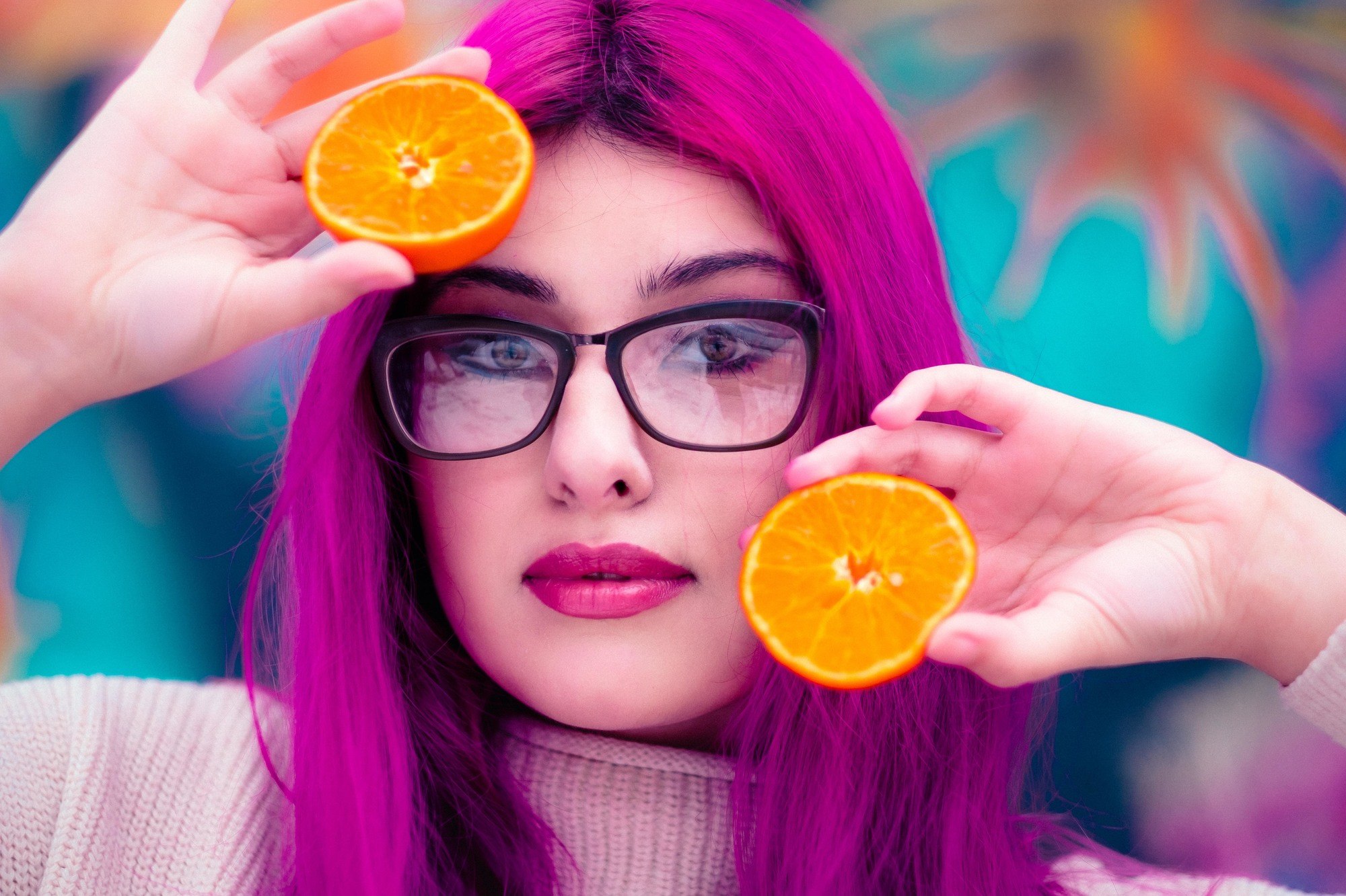 woman with bright fuchsia hair