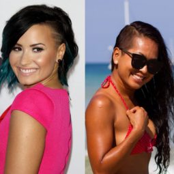 Três mulheres com corte de cabelo raspado do lado, incluindo a cantora Demi Lovato