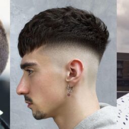 Colagem com 4 homens usando o mesmo corte de cabelo, drop fade