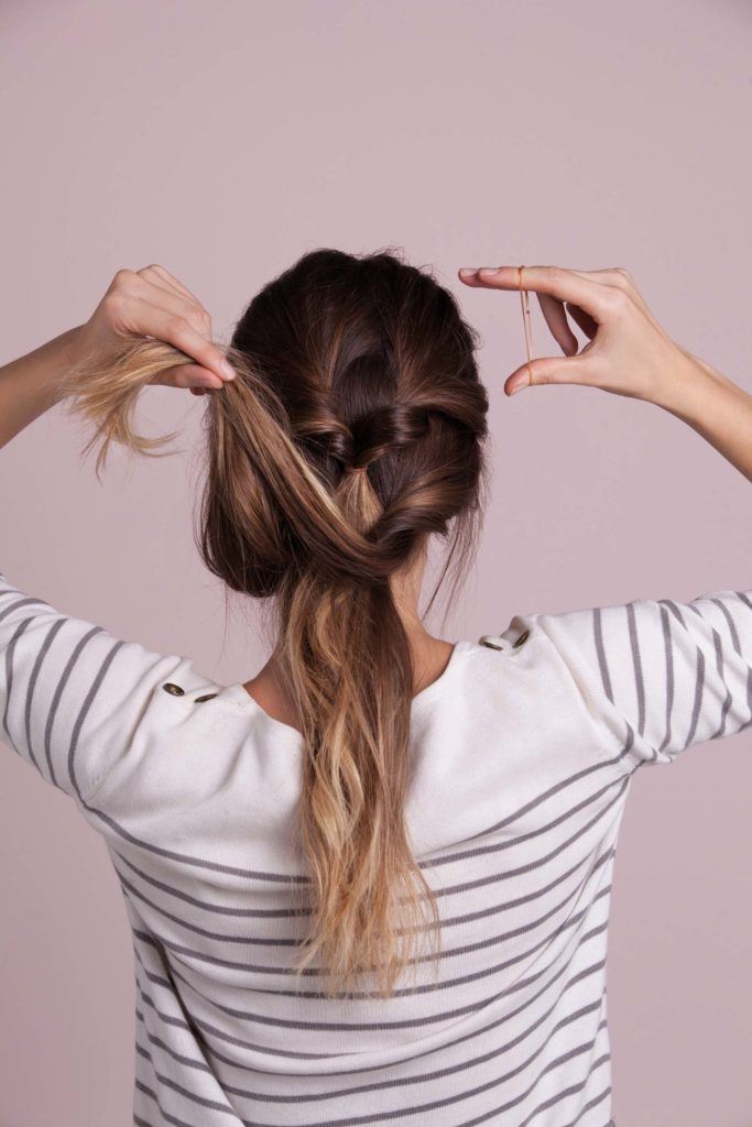 french braid updo inspired look with three ponytail twists