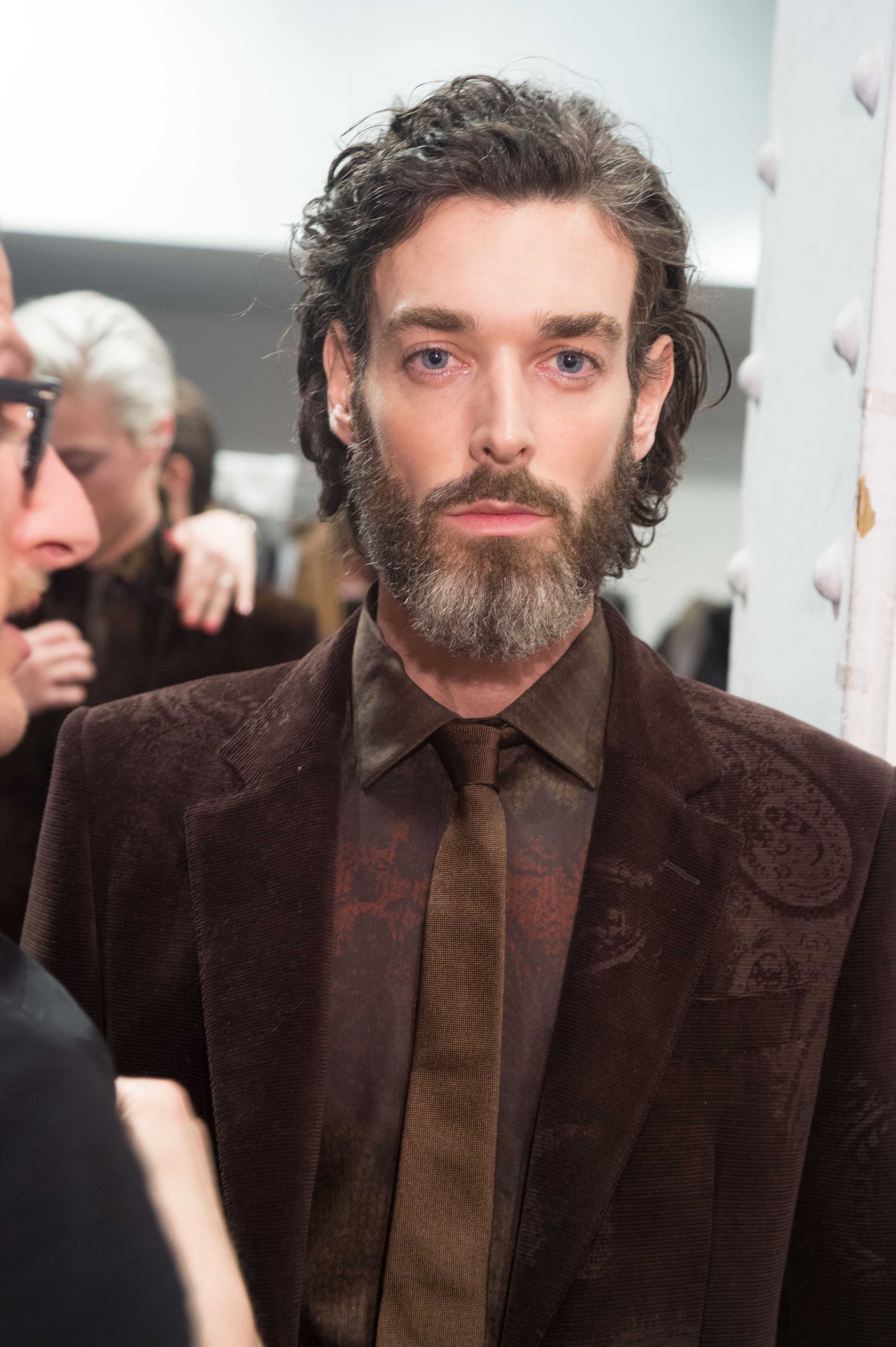 mens wavy hair slicked back beard etro fw15