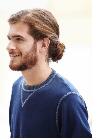 thick hair man bun ideas with a low knot