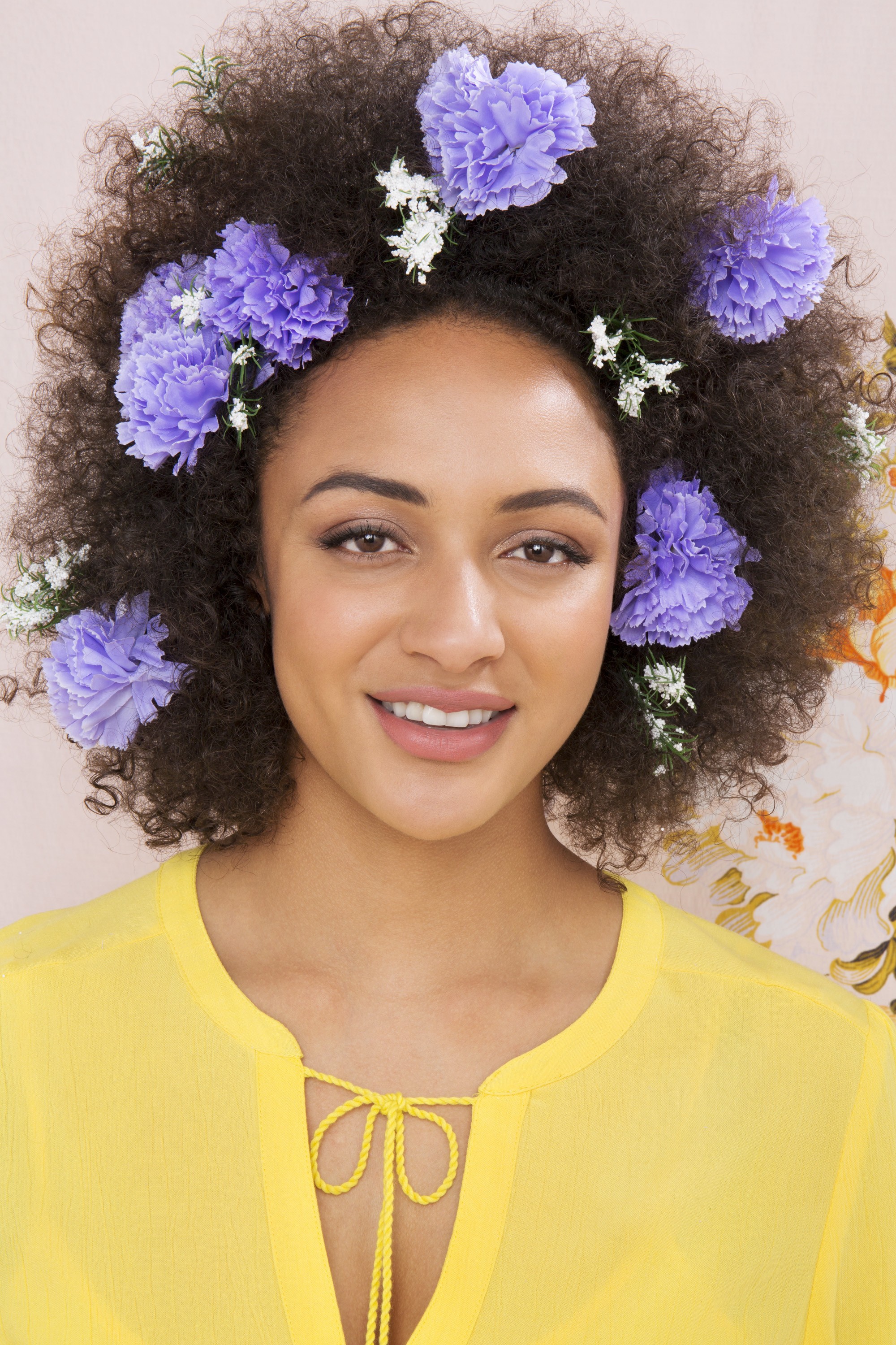 floral afro hair: carnation and babies breath