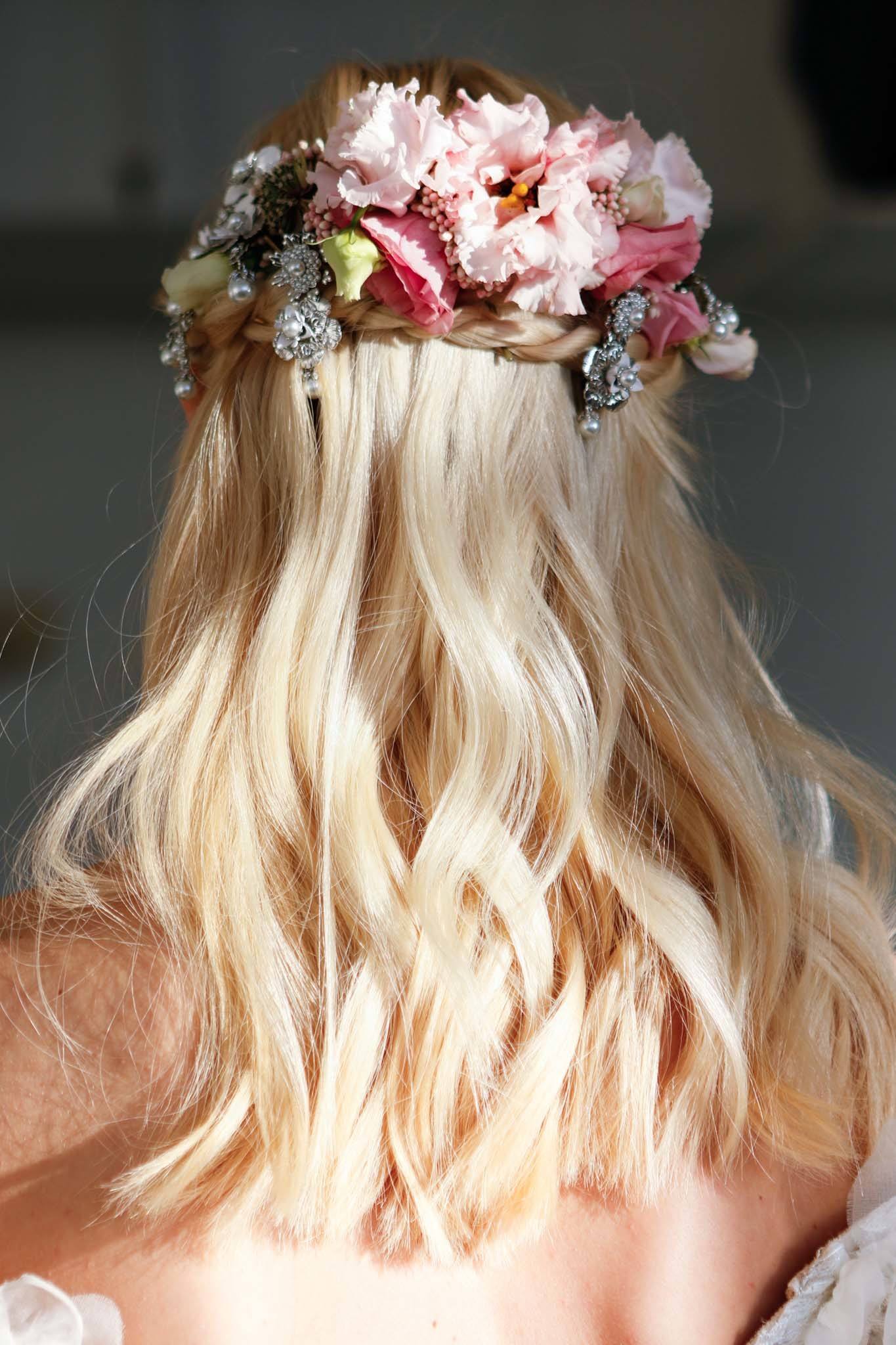 floral barrette half up half down wedding hairstyles