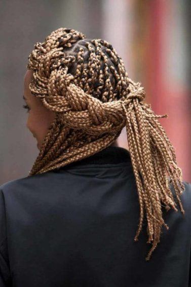 halo braid with box braids: back view