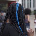 medium box braids: blue braids