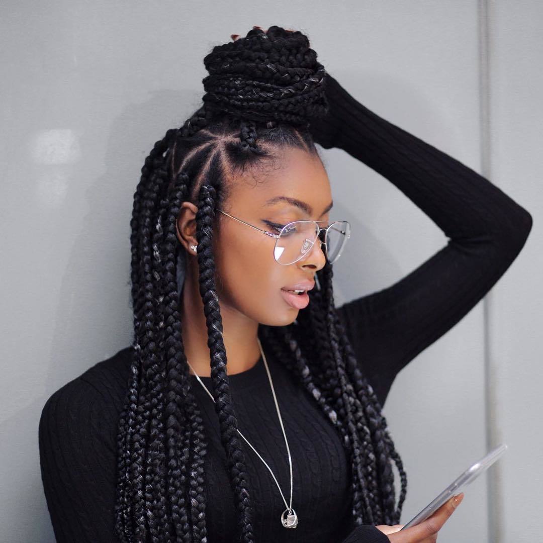 triangle box braids black braided hairstyles half top knot