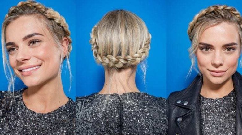 three images of a woman with blonde hair tied into a crown braid updo