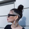 female undercut long hair dark brown bun