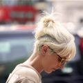 female undercut long hair messy bun