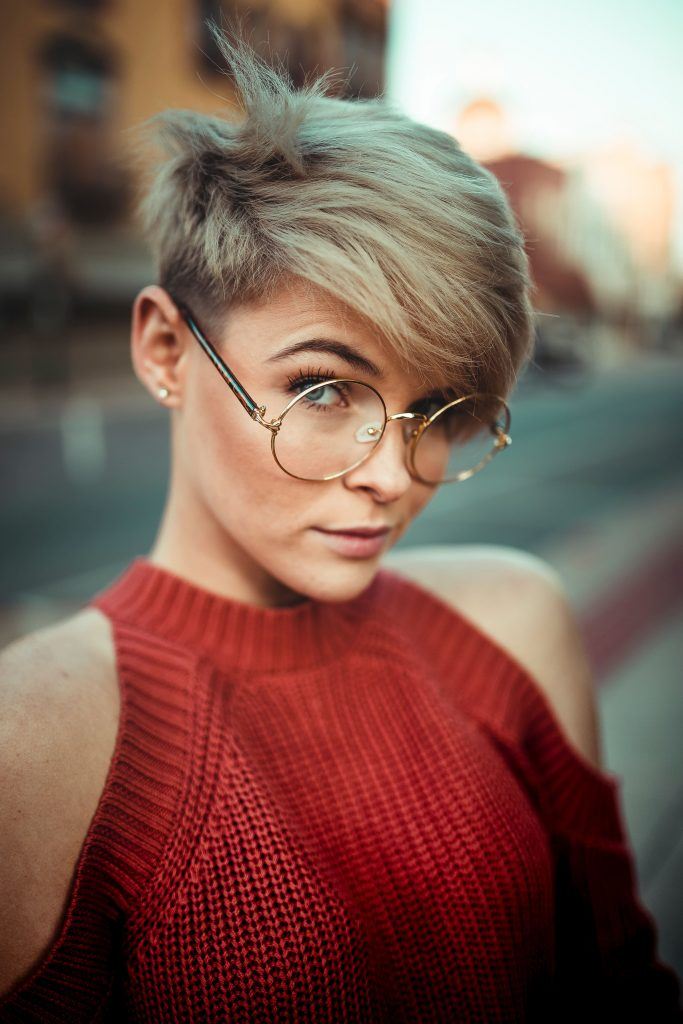 blonde pixie cut with bangs