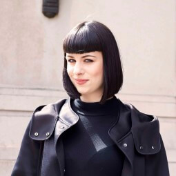 black shiort hair with a fringe street style