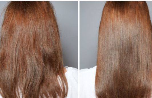 Before and after back view of hair without and with heat protectant