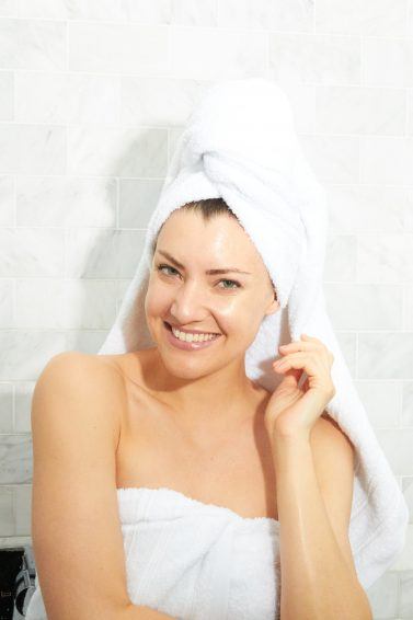 Woman with a towel tied on her head