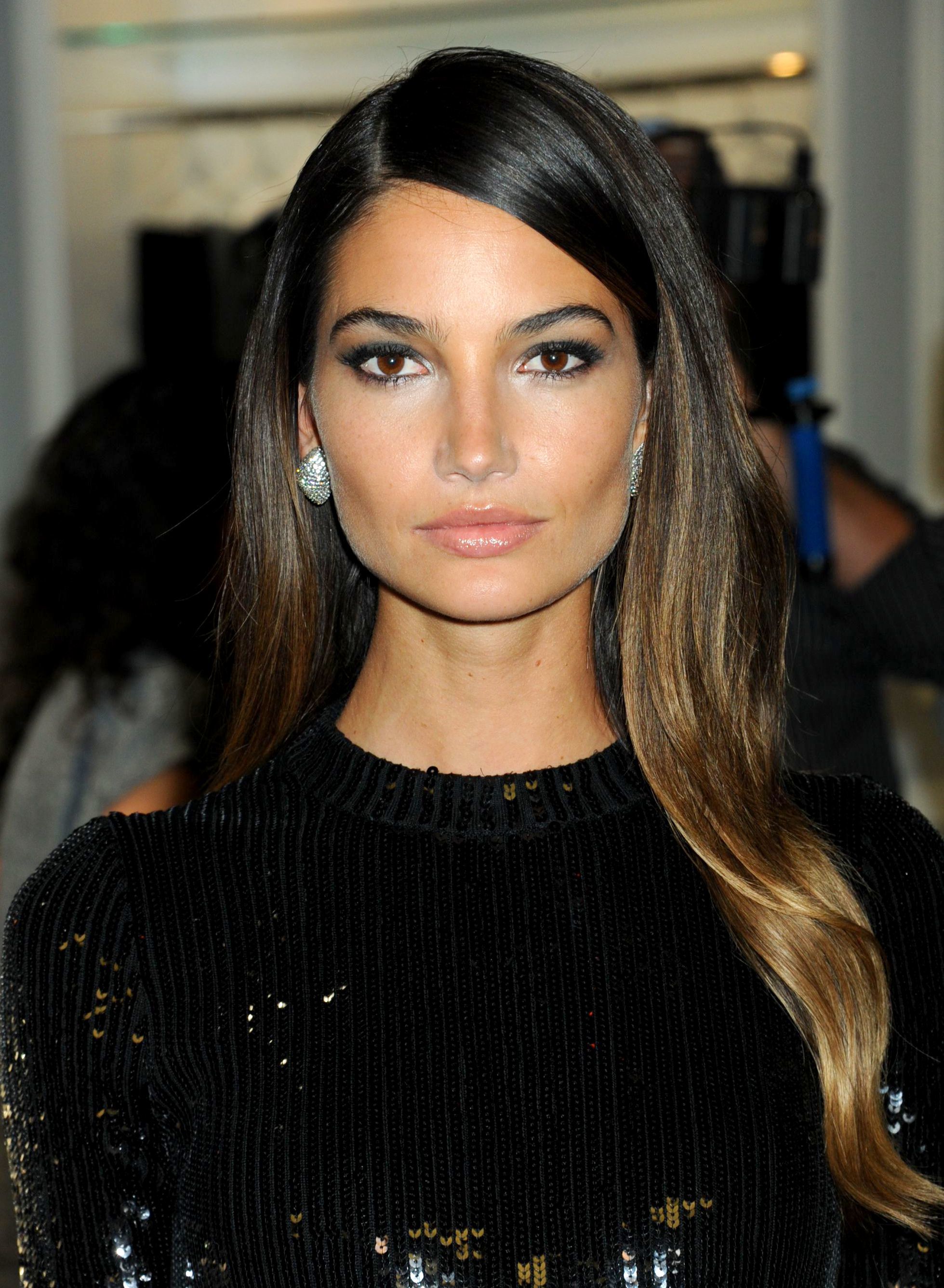 victorias secret model lily aldridge with long dark brown hair with lightened ombre tips