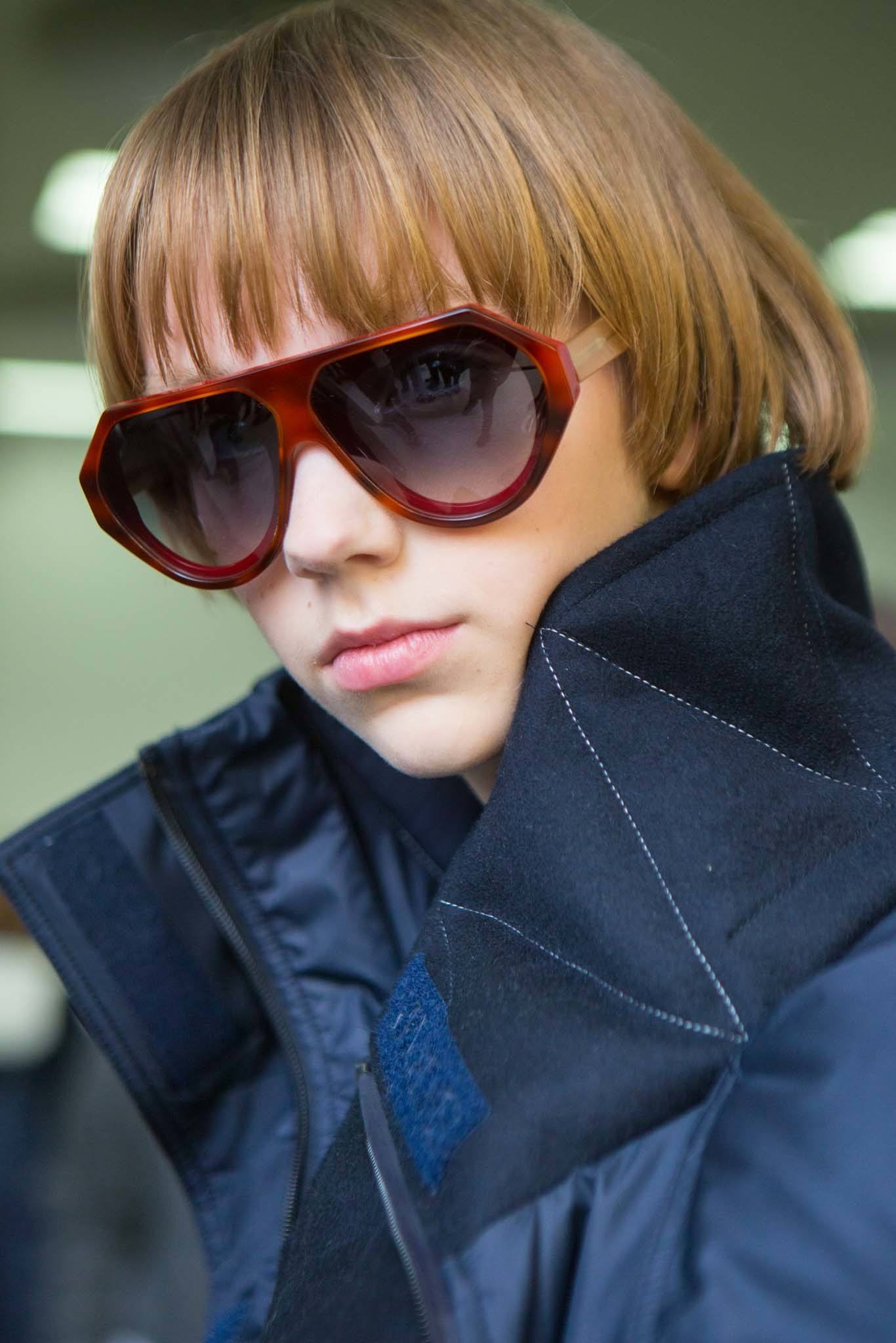 Very short hairstyles: Model with soft, retro bowl cut and glasses from the Sportmax FW 2018 show
