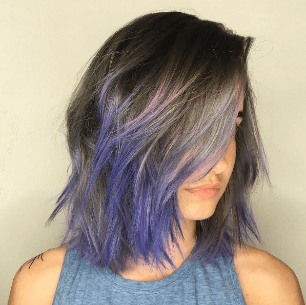 Colourful hair: grey to purple balayage colourful hair