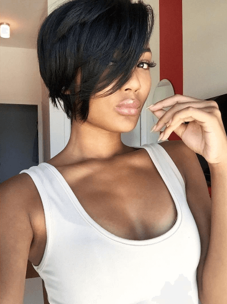 black straight pixie cut with a long grown out fringe