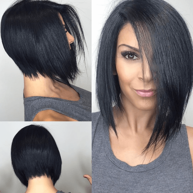 three images of a woman with straight dyed black hair worn in a sleek bob