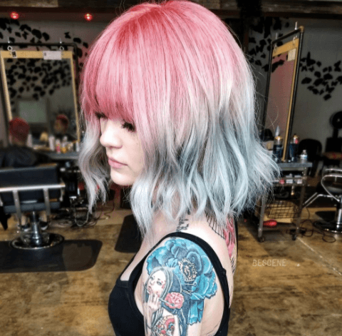 Tri-ombre mermaid hair colour on short hair with a fringe: Instagram @bescene
