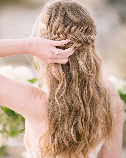 Wedding hairstyles for long hair: Back view of a woman with dirty blonde wavy long hair in a half-up fishtail hairstyle