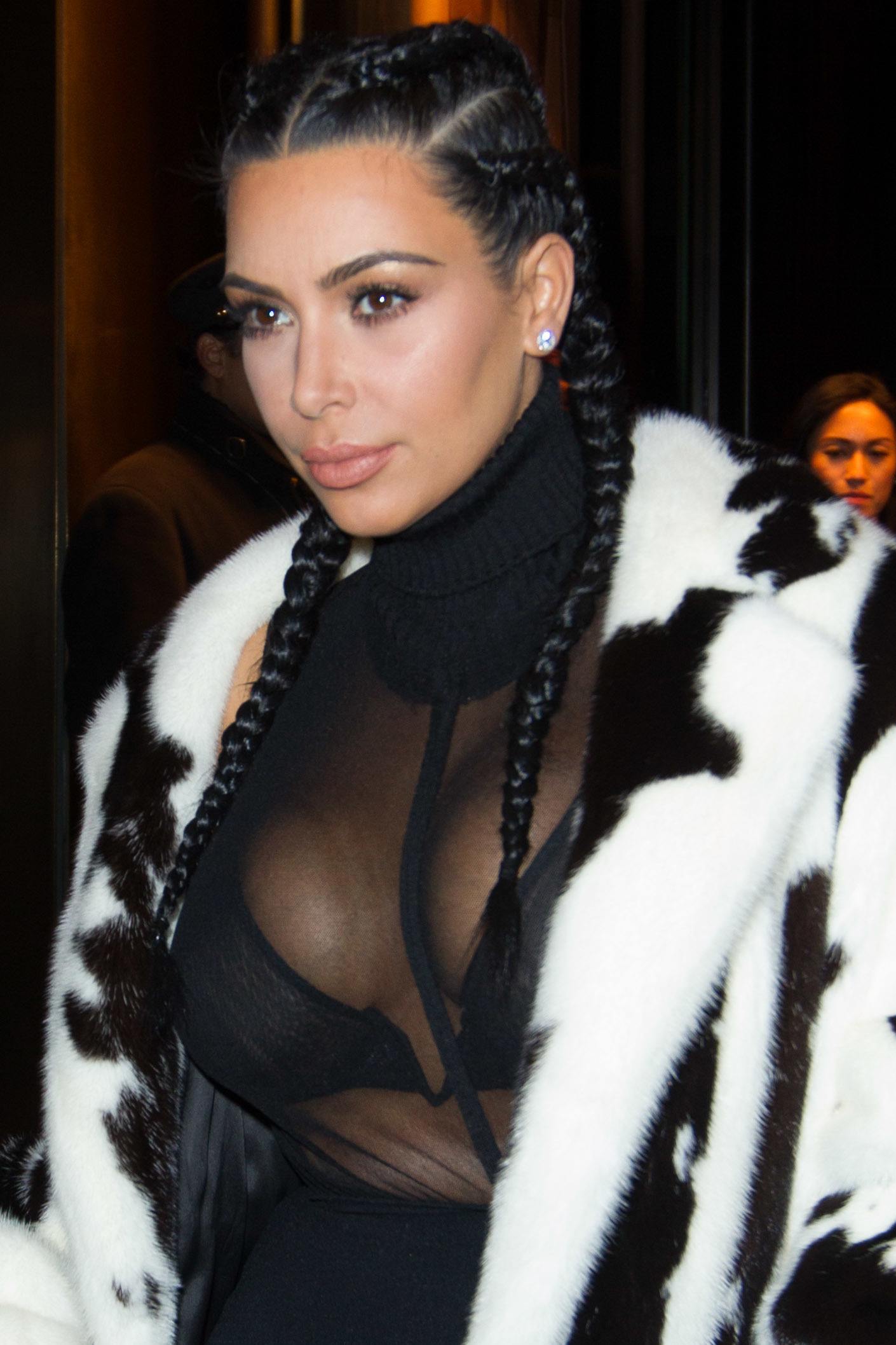 Kim K dark hair in big boxer braids style