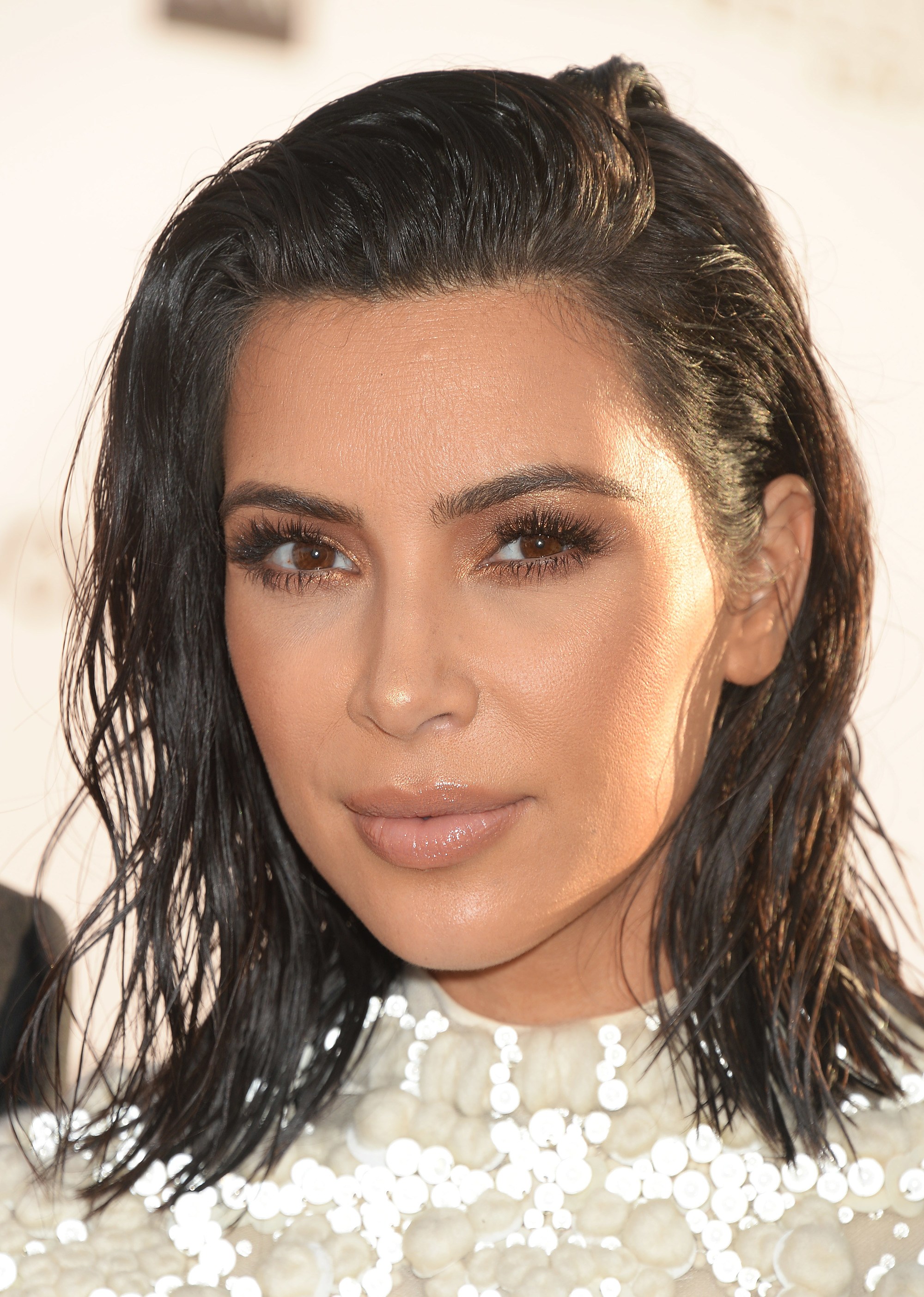 Kim Kardashian dark long bob wet look shag
