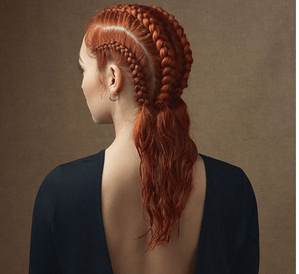 back view image of a woman with red hair in braid - faux hawk braid
