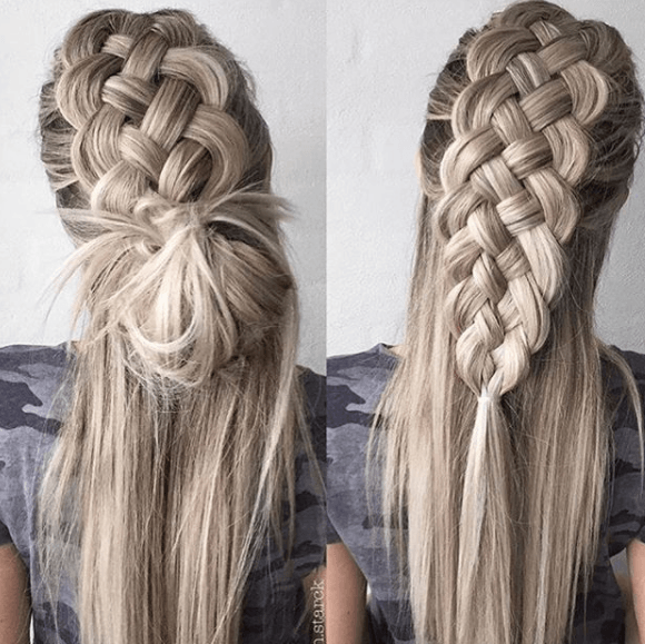 back view of a womans blonde hair braided and long - faux hawk braid