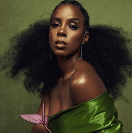 Kelly Rowland for Schon magazine with big natural hair wearing a silk green dress