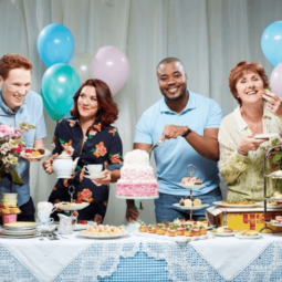 Jane Beedle, Candice Brown and other Great British Bake Off contestants sampling cake son a table