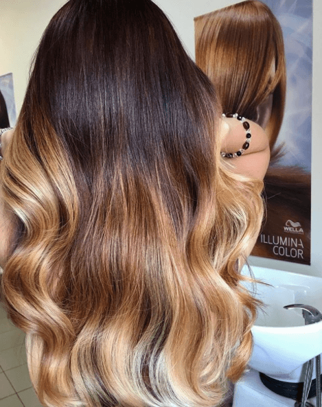 back view of a woman with long hair with shades of brown, blonde and red
