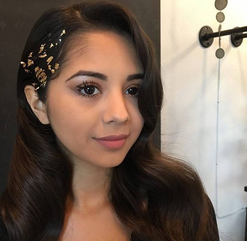 Hair foil - side part dark brown hair with gold foil on one side