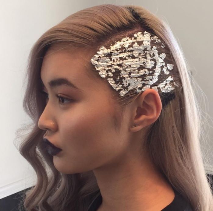 Hair foil - blonde hair with side part and gold and white hair foil on one side
