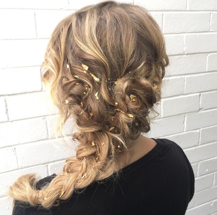 Foil hair - blonde side braid with gold foil speckles