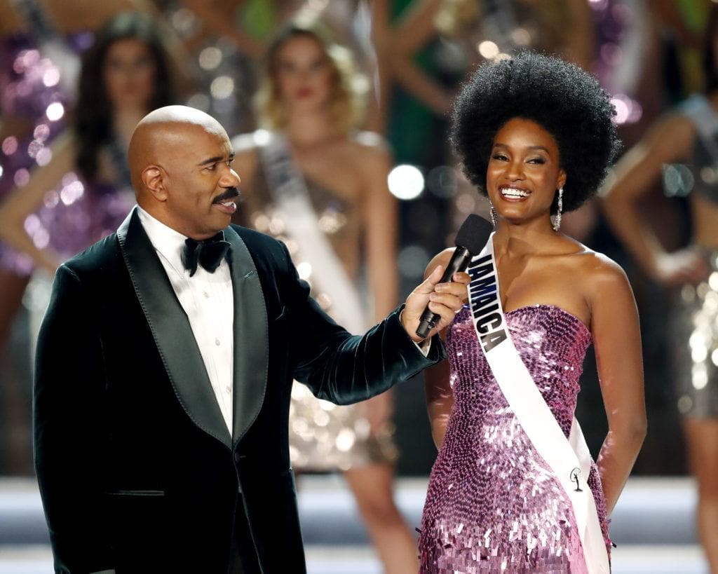 close up shot of miss Jamaica davina bennet with her afro hairstyle at the miss world beauty pageant, wearing sparkly dress