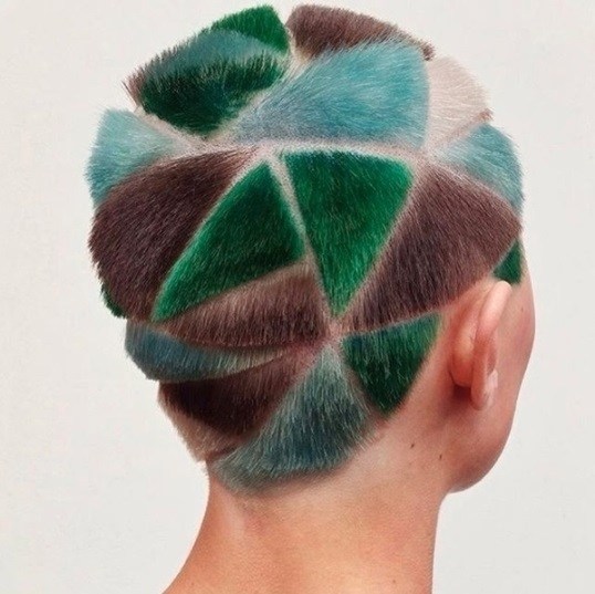 rainbow buzz cut geometric green and blue design