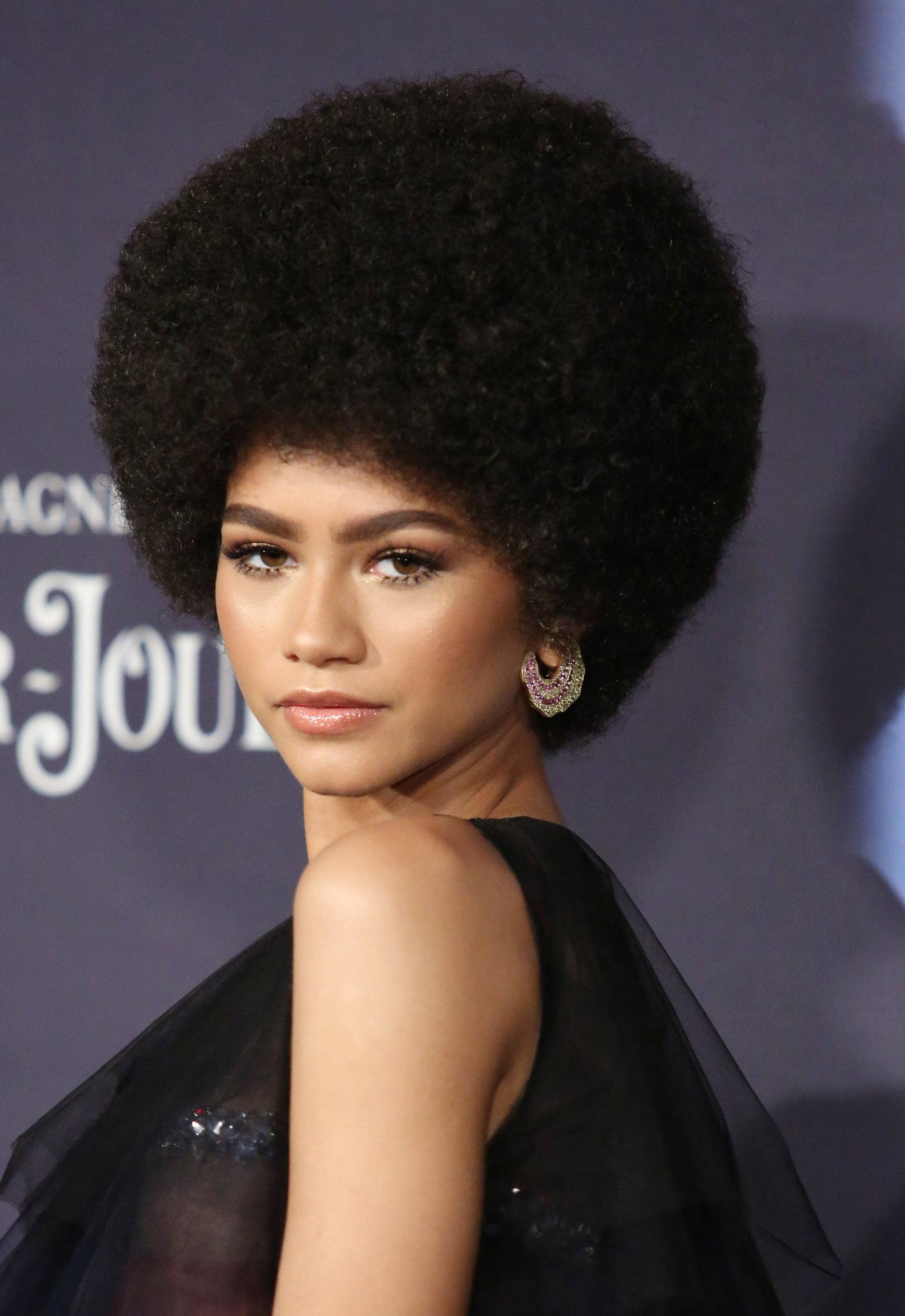 close up shot of zendaya with round afro hairstyle, wearing black dress on the red carpet