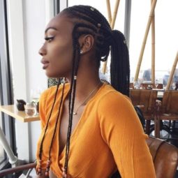 instagrammer wearing a yellow cropped blouse with her hair in cornrows into a ponytail with individual braids
