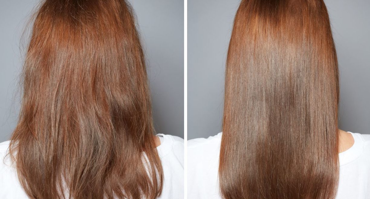 Heat damaged hair before and after: Back view of hair without and with heat protectant