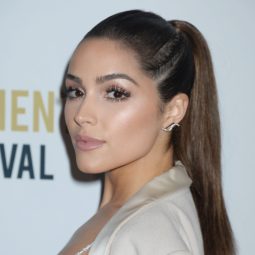 Olivia Culpo on the red carpet with her dark brown hair worn in a high ponytail with a side braid woven in