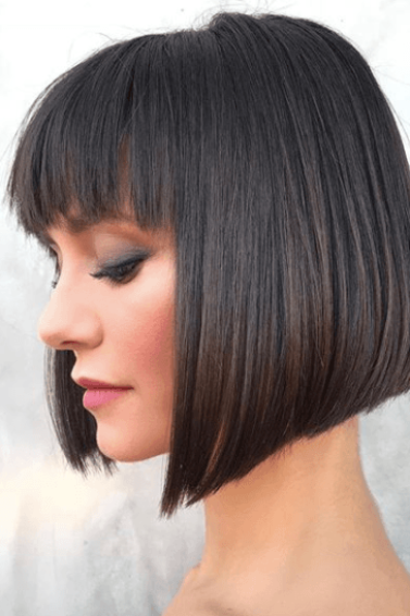 side view image of a woman with short dark hair and bangs - short hairstyles 2017