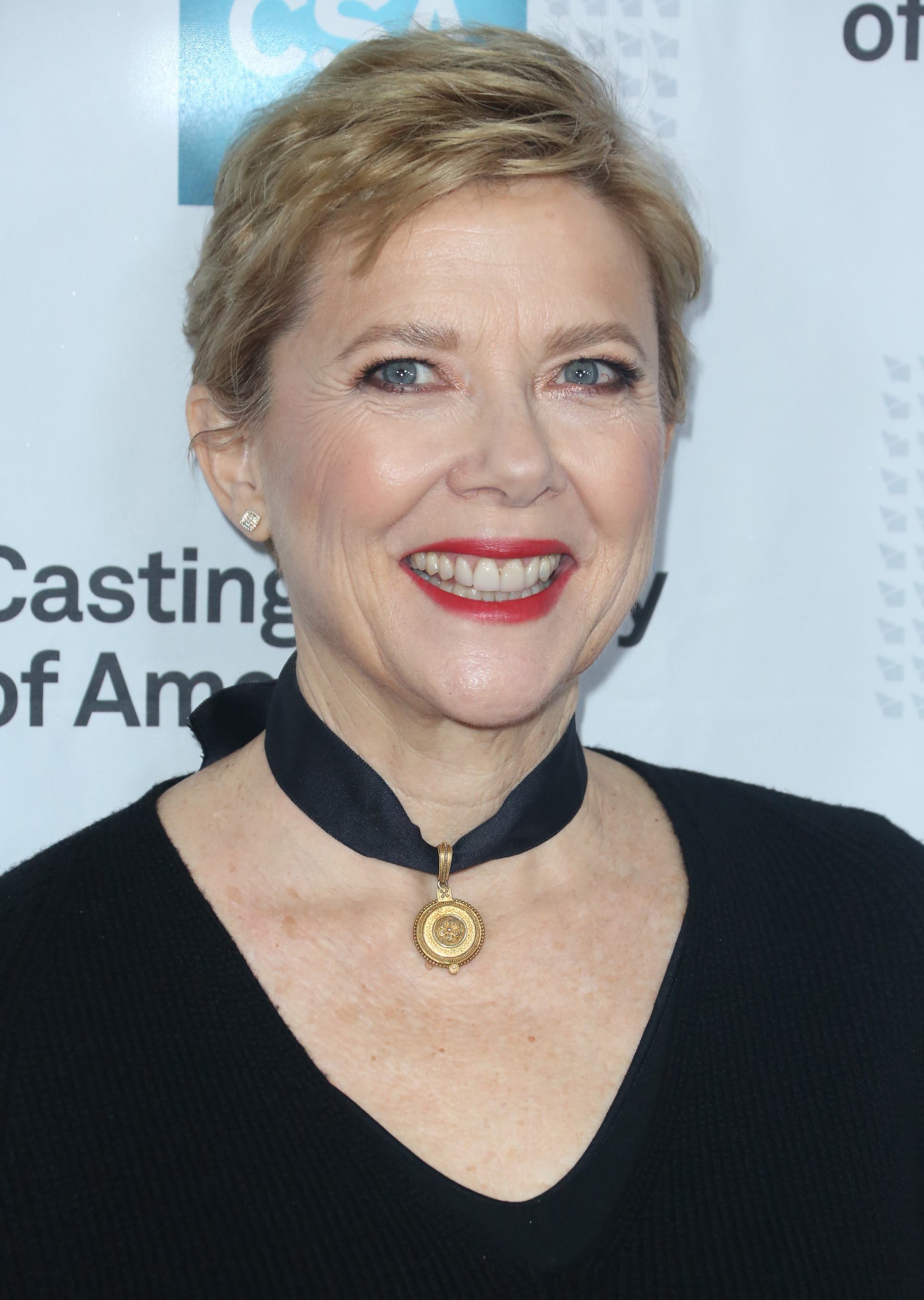 Annette Bening pixie crop blonde highlights
