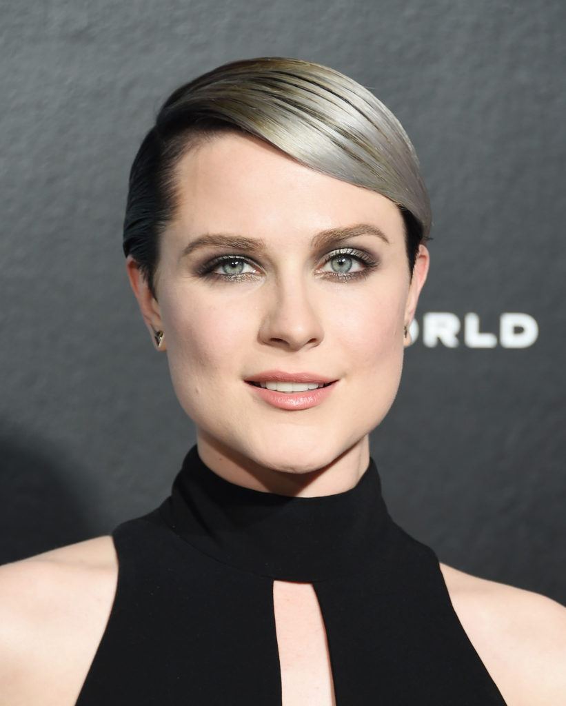 evan rachel wood on the red carpet with a smooth pixie cut and a silver balayage colour