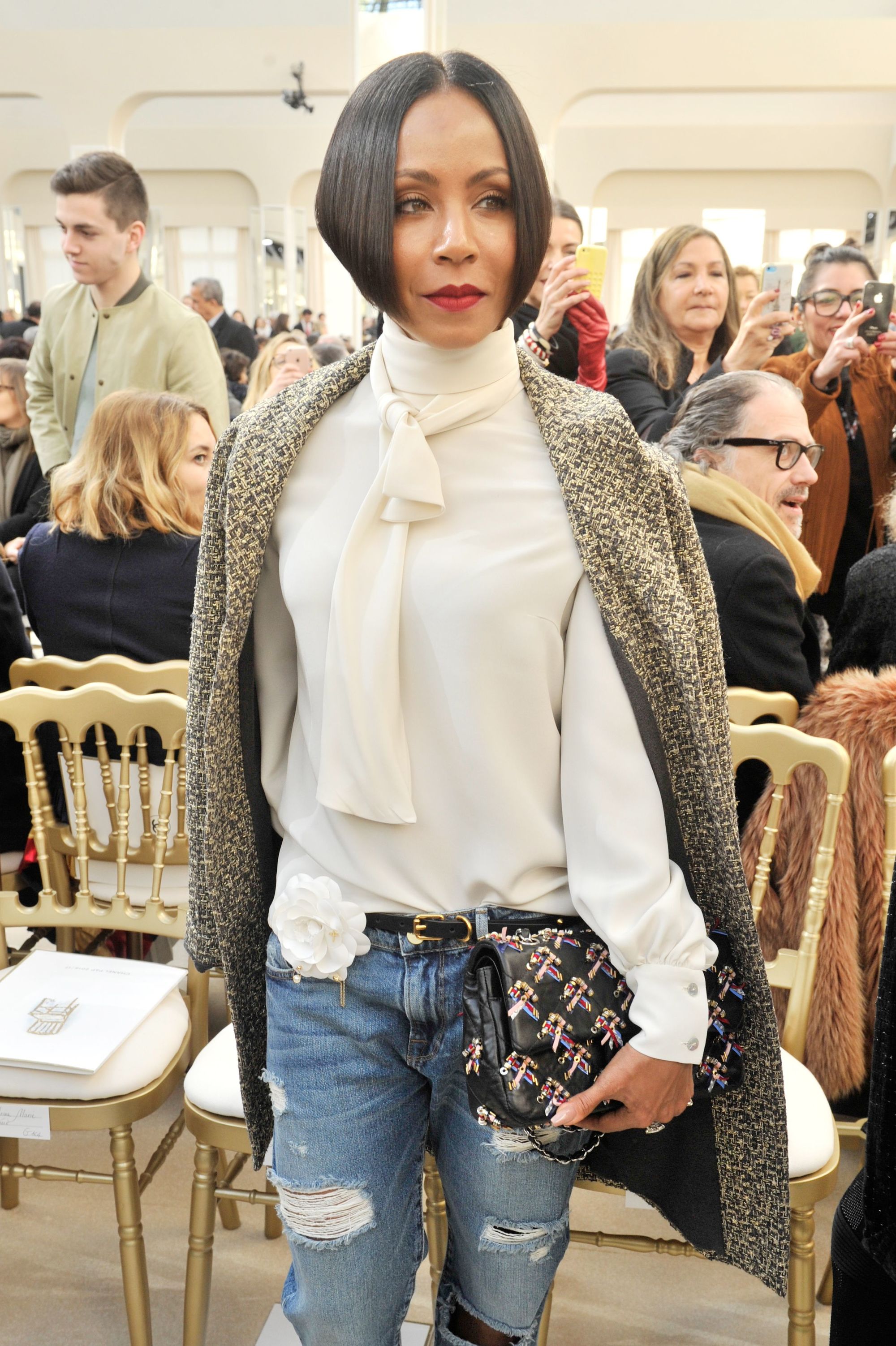Jada Pinkett Smith at a fashion show with super short black bob hair