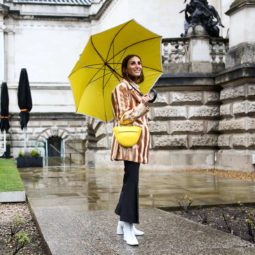 Everyday hairstyles for bad weather: Outdoor shot of a brunette woman holding a yellow umbrella in the rain